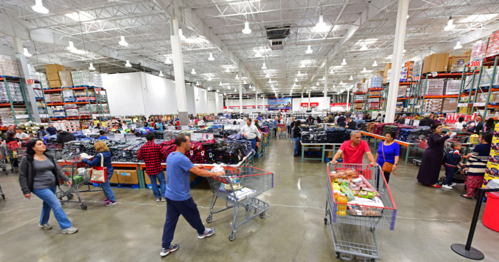 NEW YORK CITY - SEPTEMBER 30 2017: Costco stores joined other national retailers in offering an emergency survival kit for $1000.00 with supplies set to last up to 25 years. Interior of Brooklyn Costco
