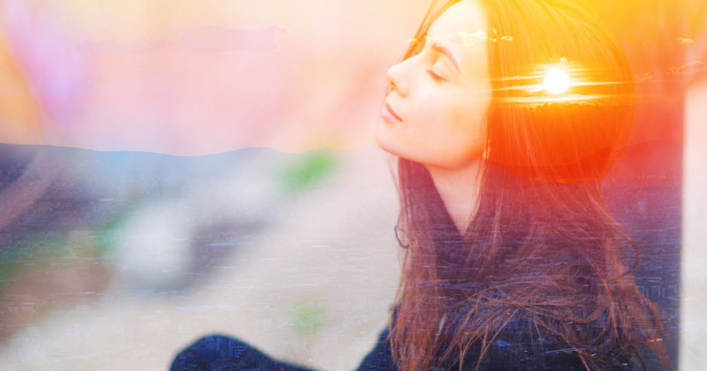 Double exposure closeup portrait of a dreamy cute closed eyes woman meditating outdoors, nature sense. Psychology power of mind, inner voice, self help, smart iq test, good mood, logic study concept