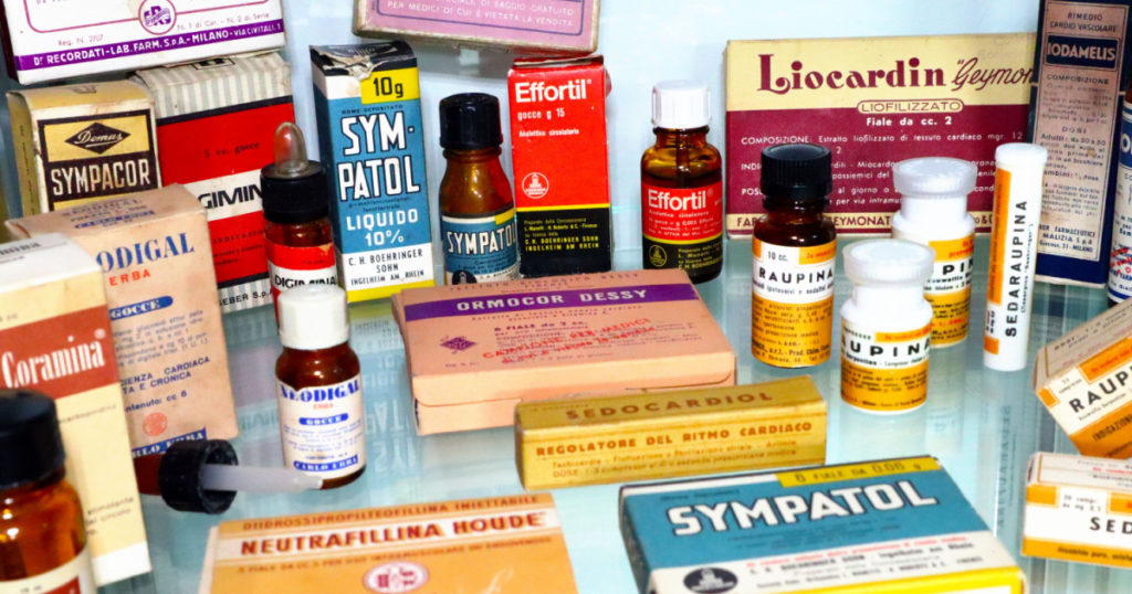 Rome, Italy – March 6, 2022: Vintage old Medicines display between 1940 and 1960s