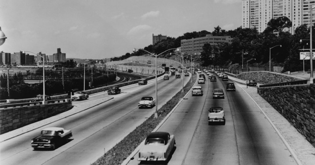 Major Deegan expressway seven miles outside New York City has six lanes to accommodate increasing suburban commuter traffic in 1957.