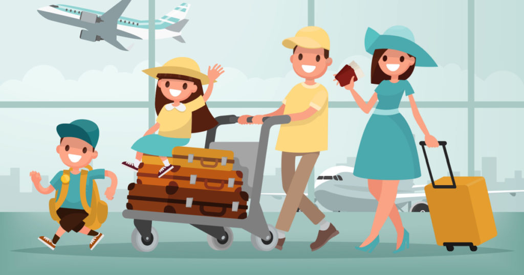 Family travel. Father mother, son and daughter at the airport. Vector illustration in a flat style