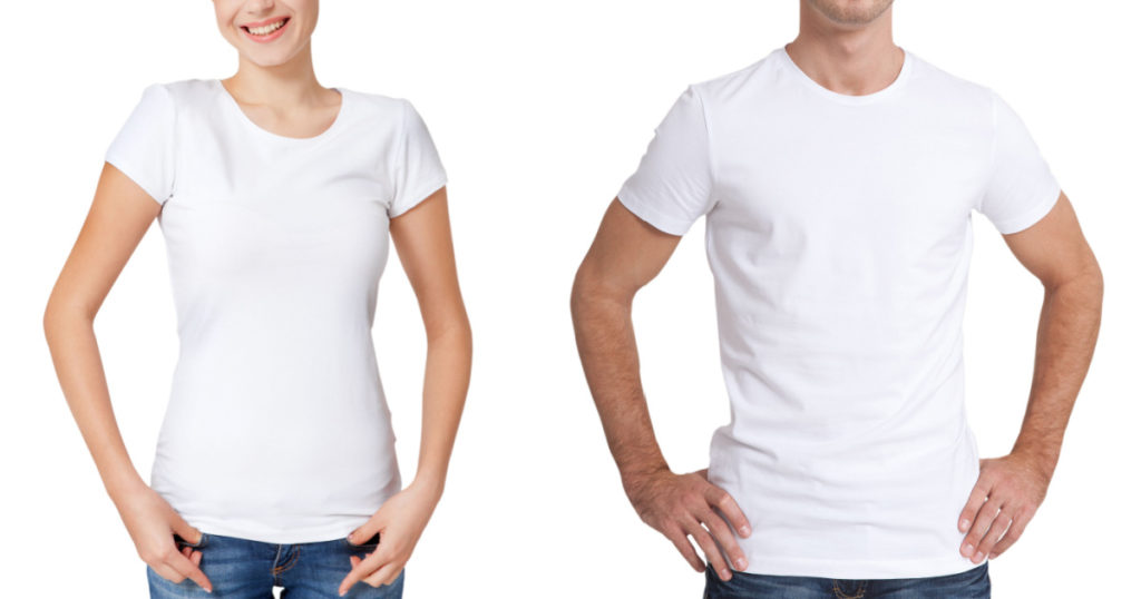 T-shirt design, people concept - closeup of young woman and man in blank white shirt, front isolated. Mock up template for design print.