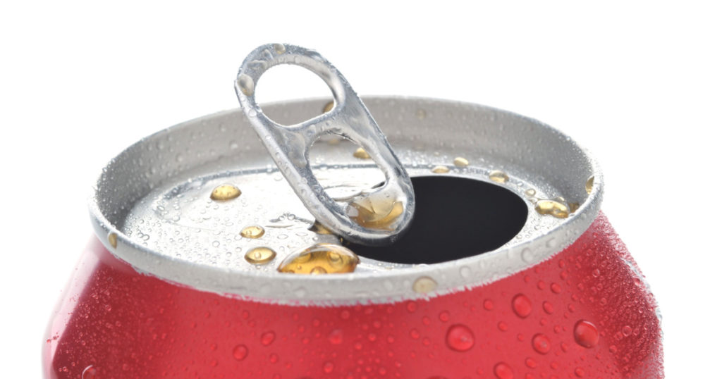Close Up of a Red Soda Can with Pull Tab open with condensation