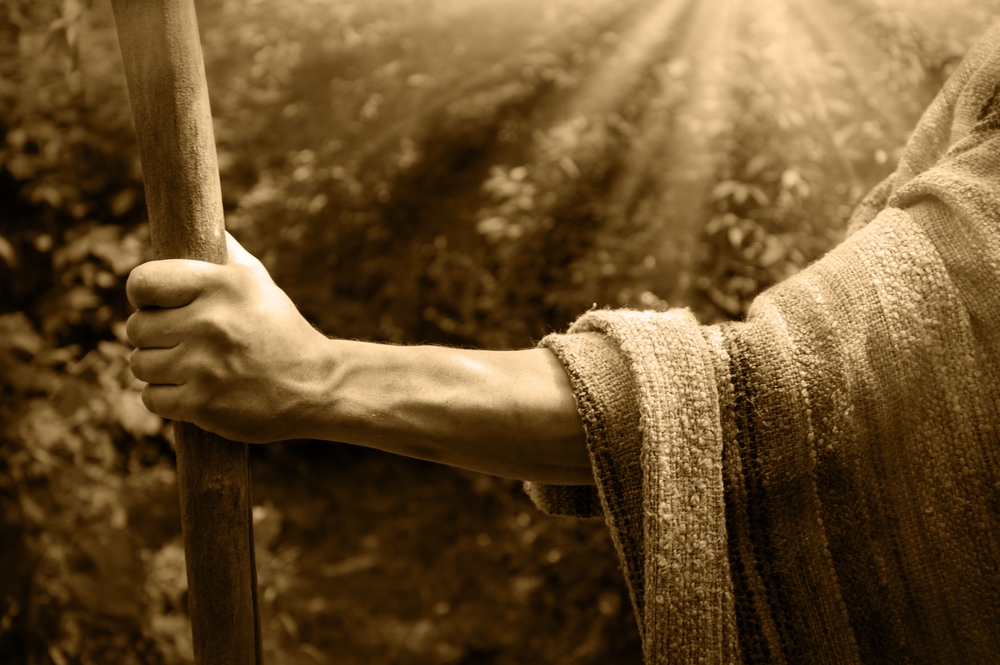 Close up retro rustic tool medieval rural herd devote adult age wise herder worker saint prayer John baptist. Middle east holy jew Joseph robe cloth walk Lord pray hope bible story rod symbol concept