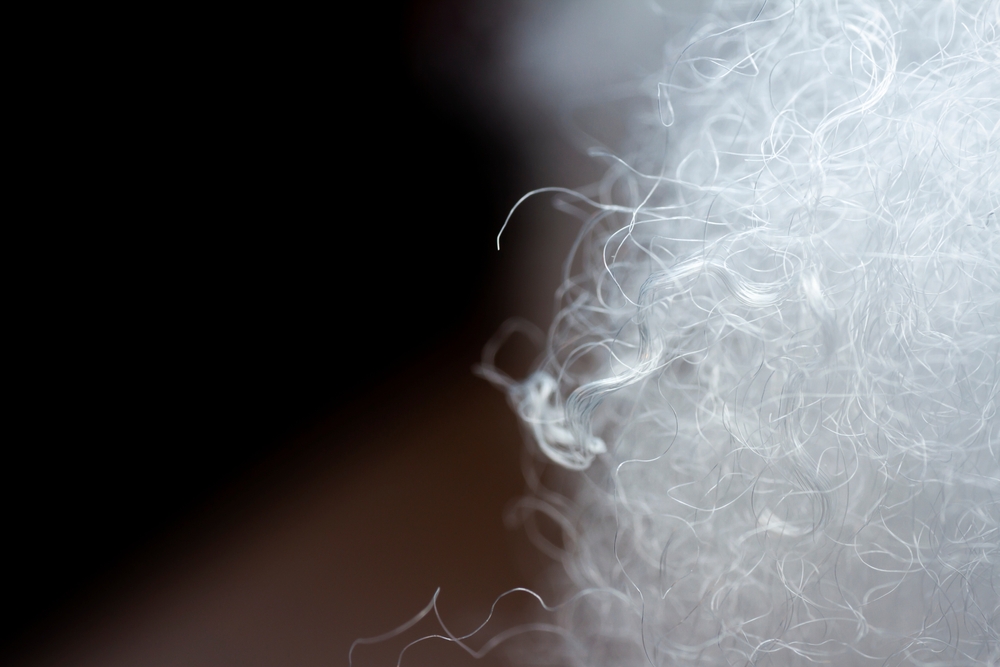 Extreme macro of polyester stable fiber. Selective focus, shallow depth of field.