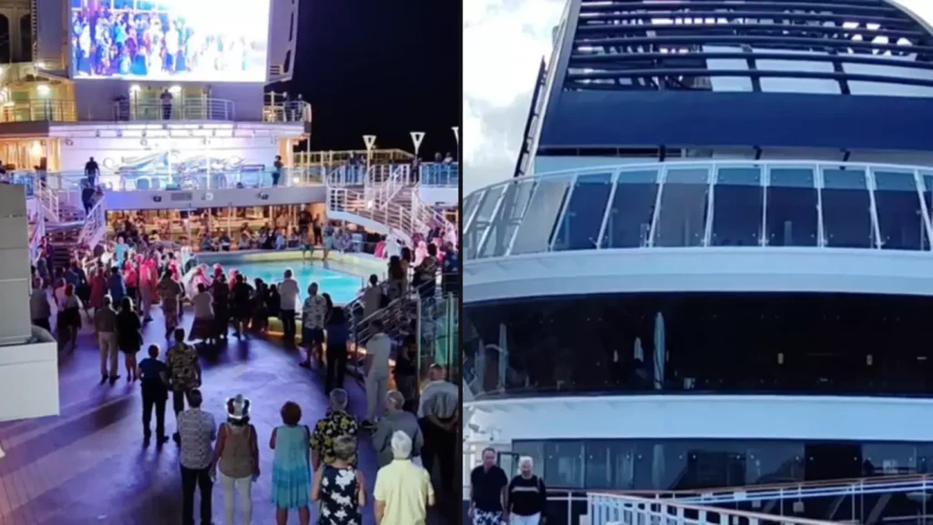 2 images side by side people on a deck, and a cruise ship