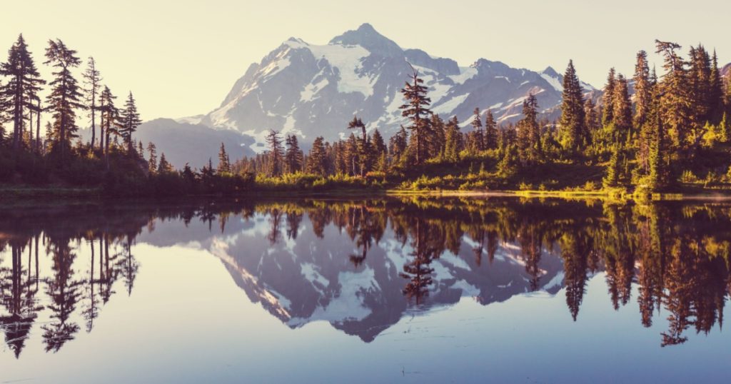 Scenic Picture lake with mount Shuksan reflection in Washington, USA