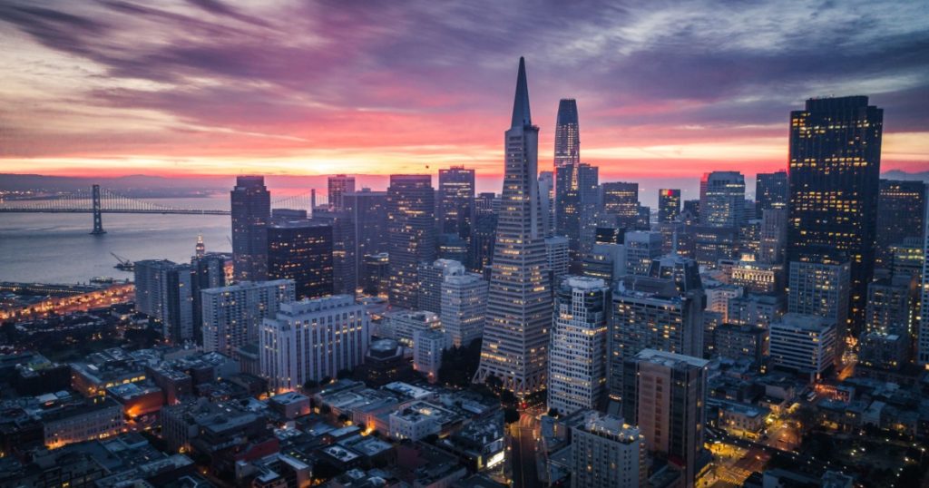 San Francisco Skyline with Dramatic Clouds at Sunrise, California, USA