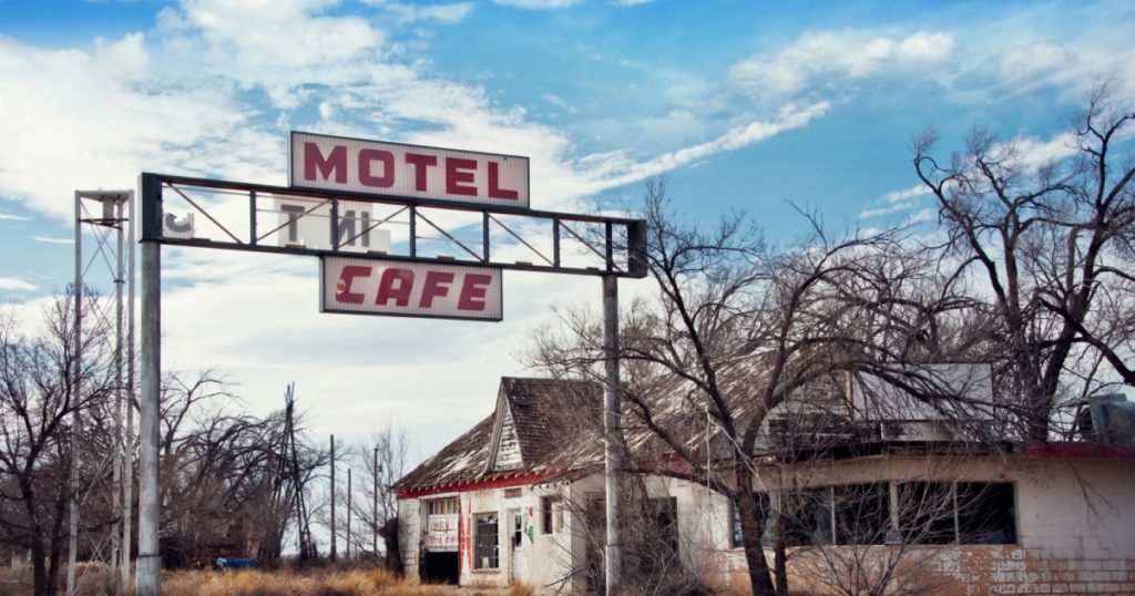 Glenrio, next to the TX-NM state line, USA.March 10 2019.Ghost town on Route 66.State Line Cafe, Gas Station, Texas Longhorn Motel .