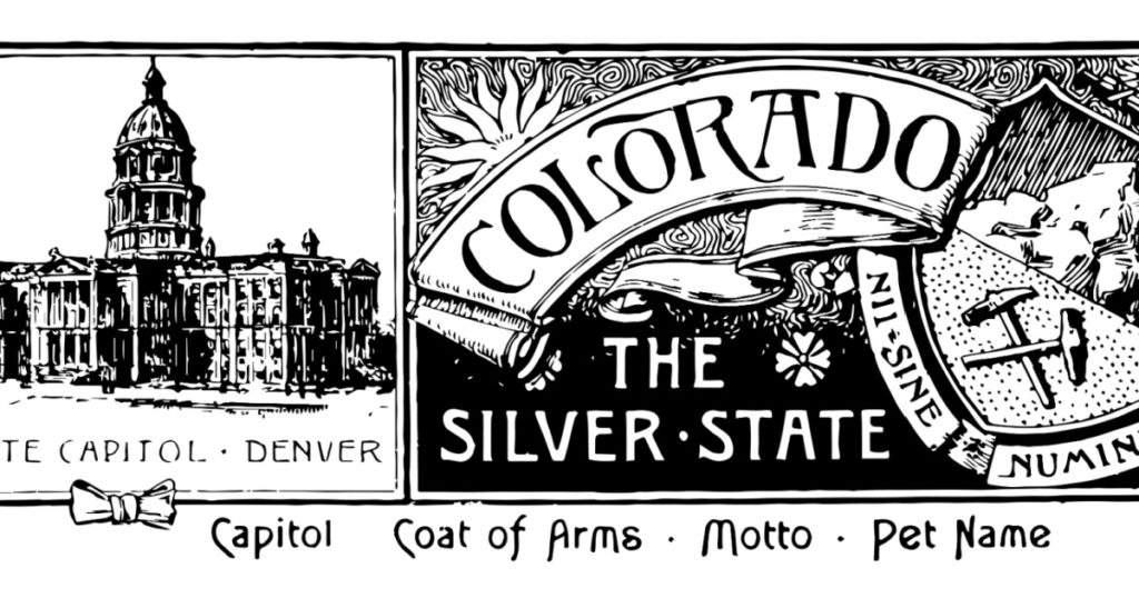 State banner of Colarado designed with state capitol building on right side and seal of Colarado in its left with "COLORADO" written over it vintage line drawing.
