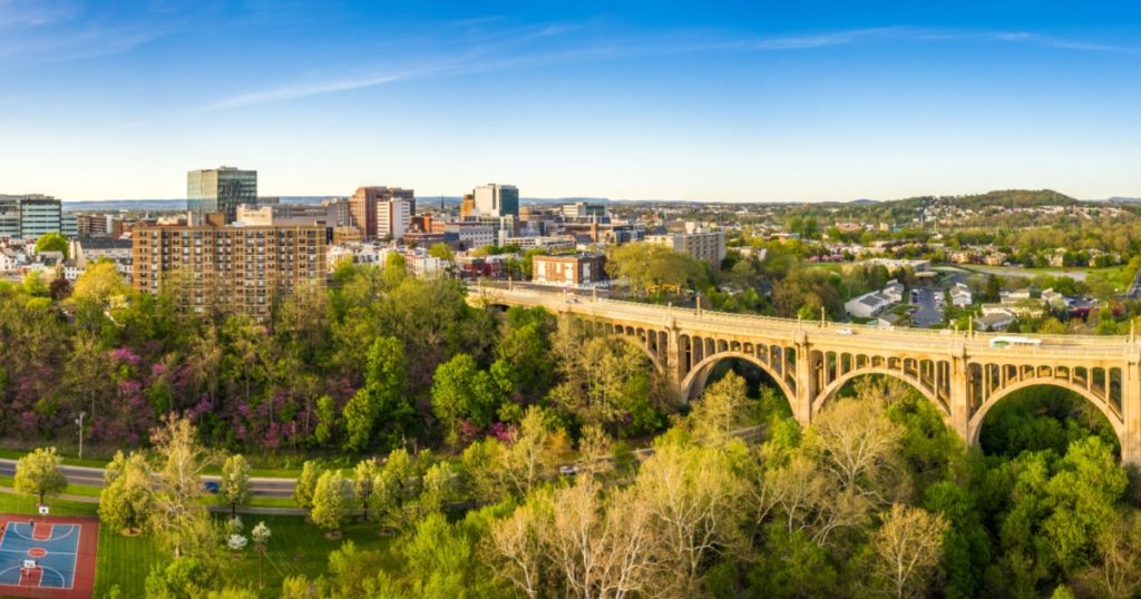 Aerial panorama of Allentown, Pennsylvania skyline and Albertus L. Meyers Bridge (aka Eighth Street Bridge) on late sunny afternoon . Allentown is Pennsylvania's third most populous city.