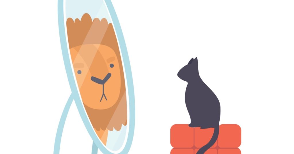 Black Cat Looking at Mirror Pretend to Be Lion Vector Illustration