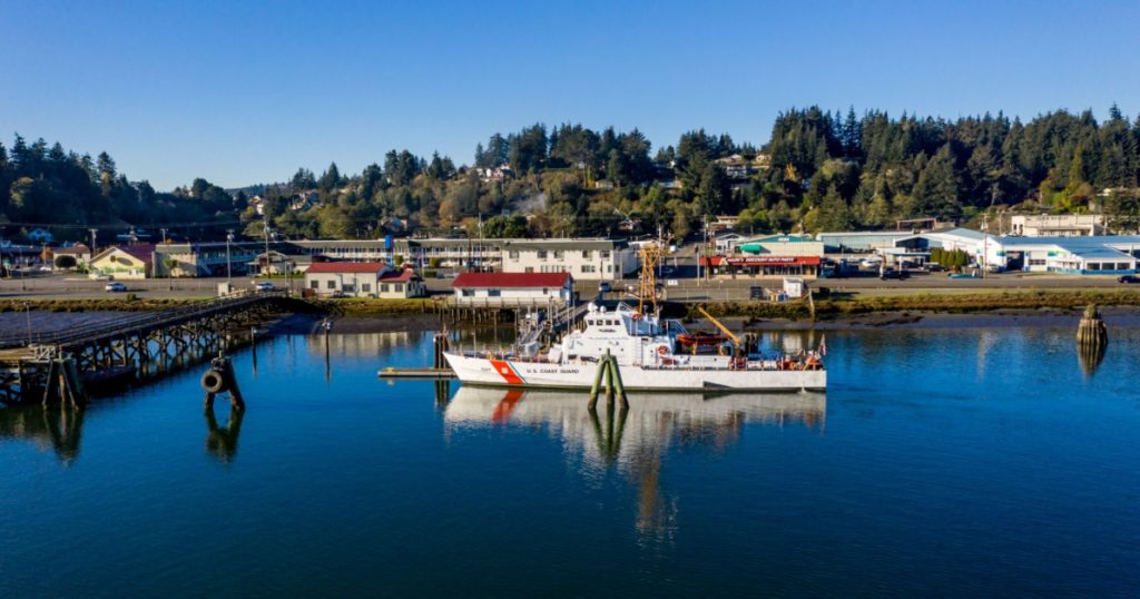 November 1, 2019: Coos Bay Oregon, aerial Pacific Highway 101 going through town