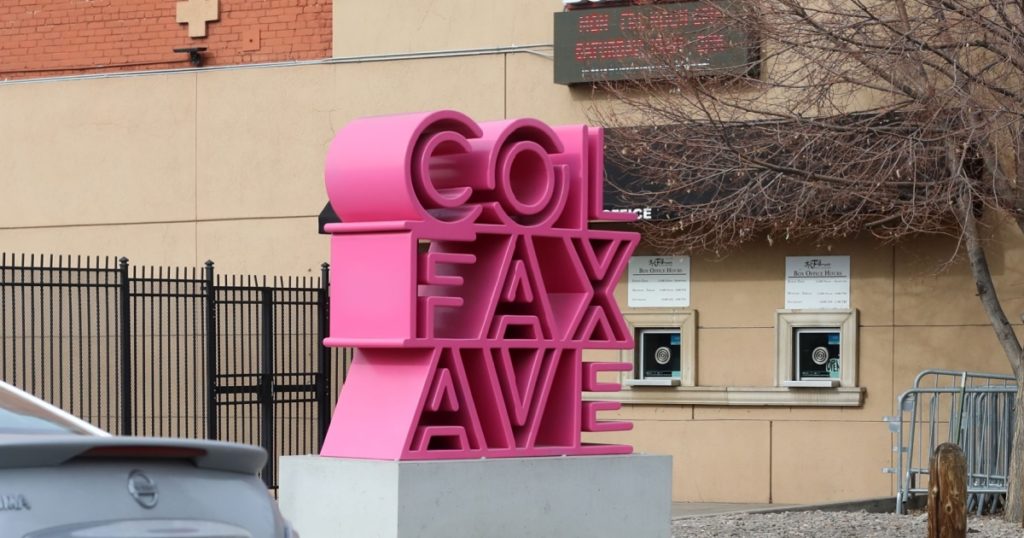 DENVER, COLORADO - JANUARY 16, 2020: Colfax Ave installation. Colfax Avenue is the longest street in the USA - 49.5 mi (79.7 km)