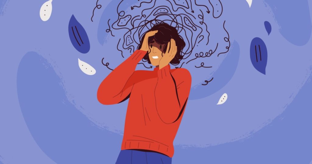 Frustrated woman with nervous problem feel anxiety and confusion of thoughts vector flat illustration. Mental disorder and chaos in consciousness. Girl with anxiety touch head surrounded by think