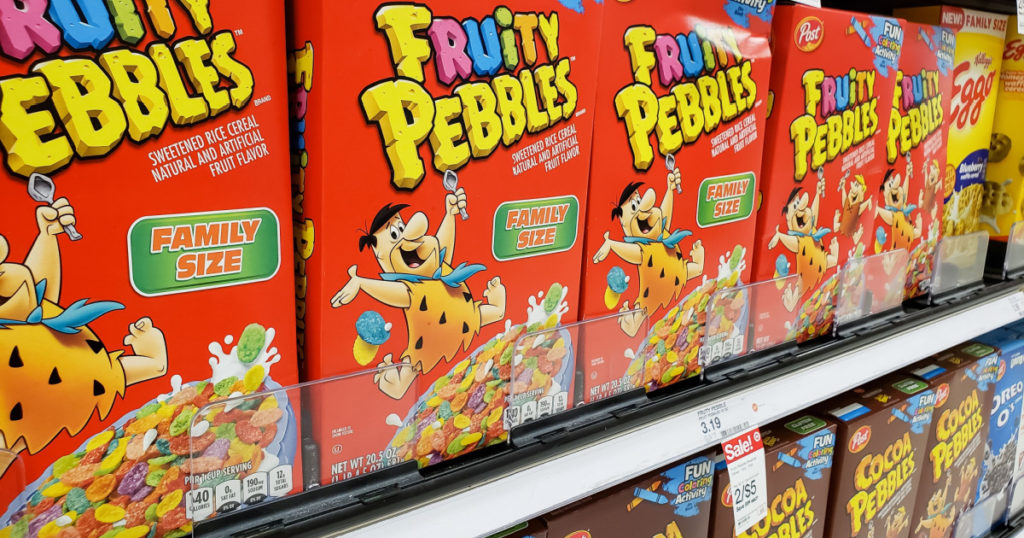 Los Angeles, California, United States - 07-22-2020: A view of several boxes of Fruity Pebbles, on display at a local grocery store.