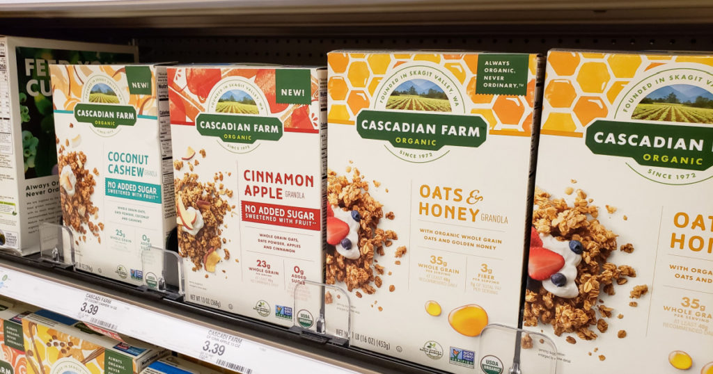 Los Angeles, California, United States - 07-22-2020: A view of several boxes of Cascadian Farm cereal, on display at a local grocery store.
