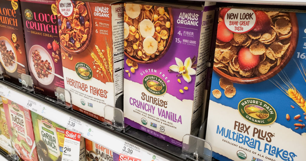 Los Angeles, California, United States - 07-22-2020: A view of several boxes of Nature's Path cereal, on display at a local grocery store.