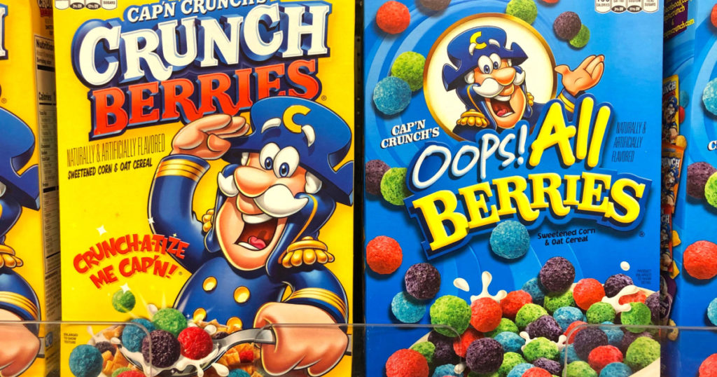 Alameda, CA - Sept 7, 2020: Grocery store shelf with boxes of Cap'n Crunch Berries and Oops All Berries cereals.