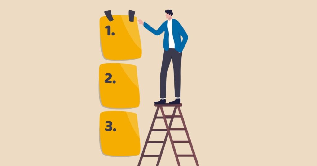 Set work priority, arrange to do list which job to do before and after, task management concept, young entrepreneur businessman manage to prioritize sticky note with number first, second and third.