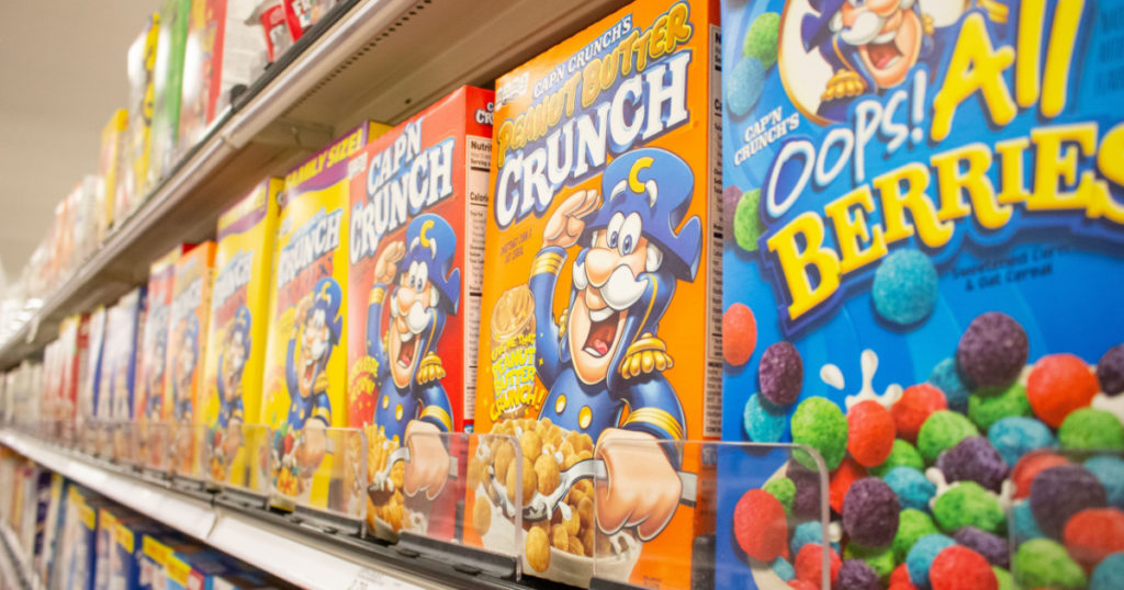 Los Angeles, California, United States - 03-18-2021: A view of several boxes and varieties of Cap'N Crunch cereals, on display at a local grocery store.