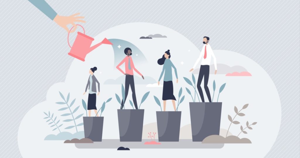 Developing talent and professional training for personal growth tiny person concept. Potential improvement and motivation boost with leader appraisal or encourage as skill watering vector illustration