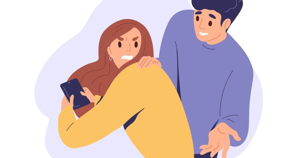 Angry jealous woman spying with her husband's phone, unfaithful man liar cheating. Jealousy and distrust in romantic couple relationship concept. Flat vector illustration isolated on white background