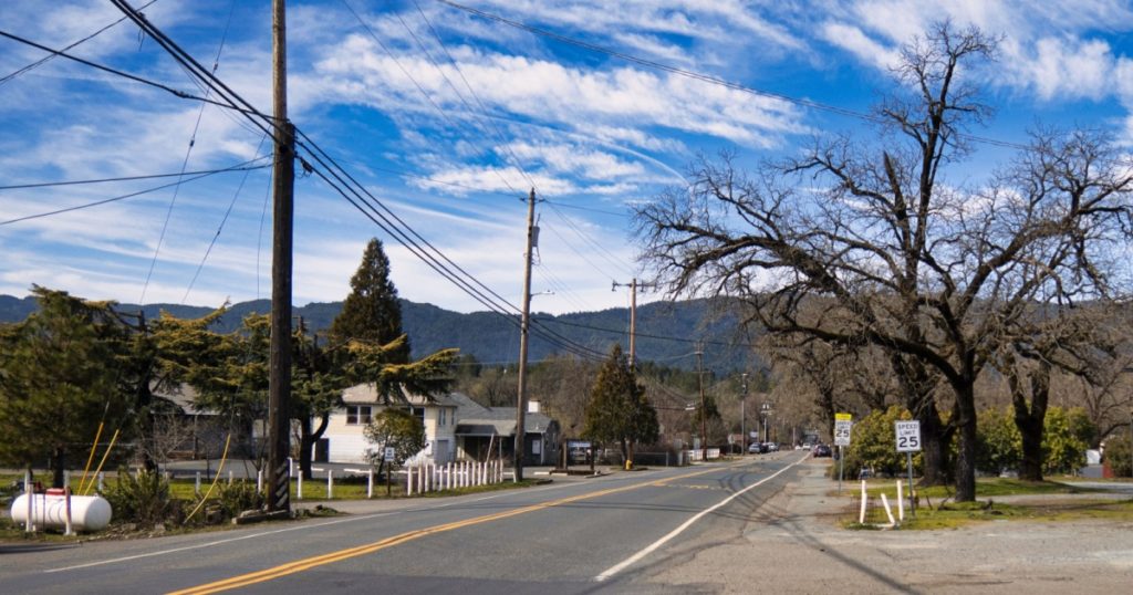 Laytonville, United States - February 2020: a road in a small and calm mountain town in California