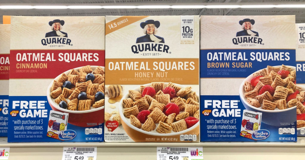 Alameda, CA - Oct 10, 2021: Grocery store shelf with boxes of Quaker brand Oatmeal Squares cereal in Cinnamon, Honey Nut and Brown sugar flavors.