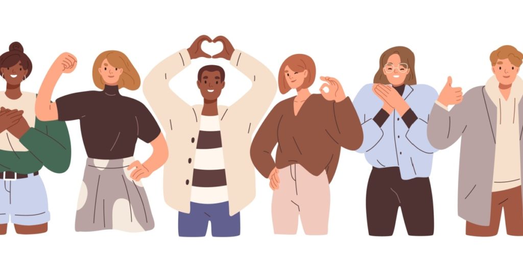 Happy positive people, group portrait. Men and women team gesturing with hands, fingers. Love, support, solidarity, ok expressions. Flat graphic vector illustration isolated on white background