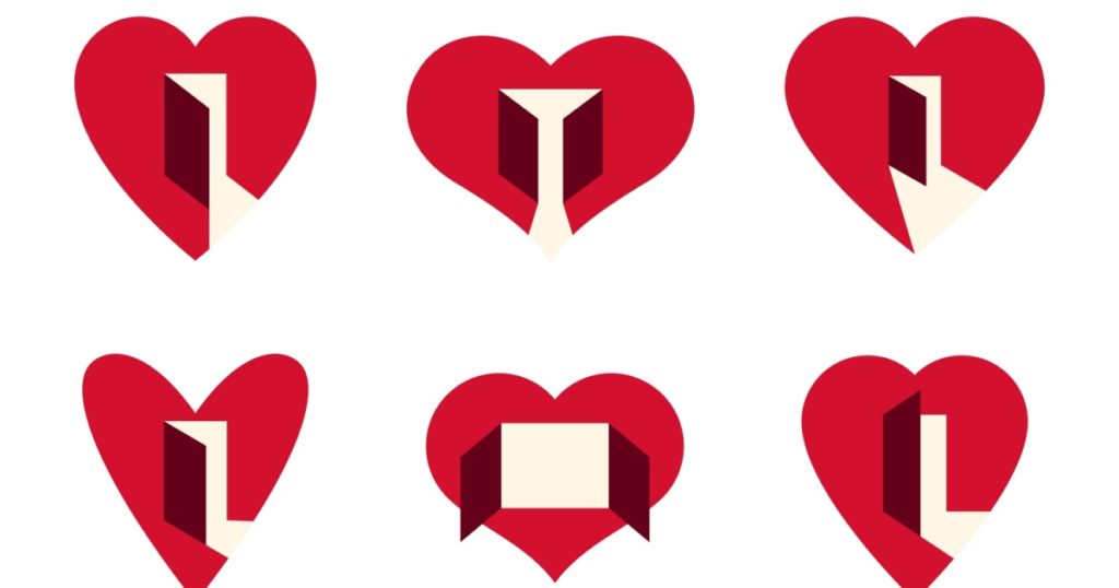 Hearts open with doors vector simple icons or logos set, graphic design elements with concept of being open for new feelings, help aid and assistance idea, care and family.