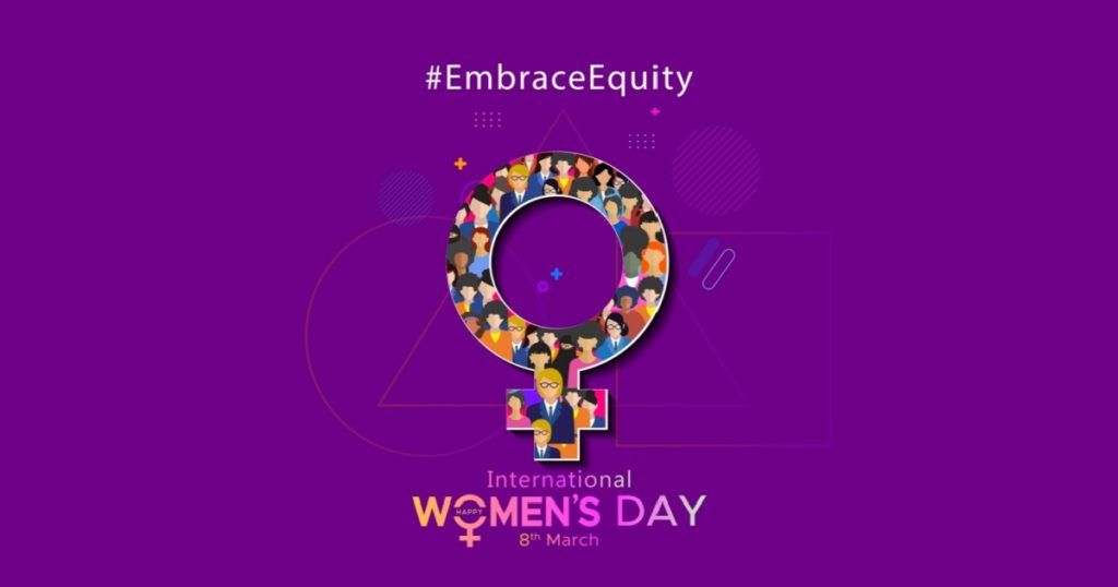 Vector illustration of Womens day greeting card background. 2023 Theme of #EmbraceEquity and Break The Bias. Happy International Womens day text.