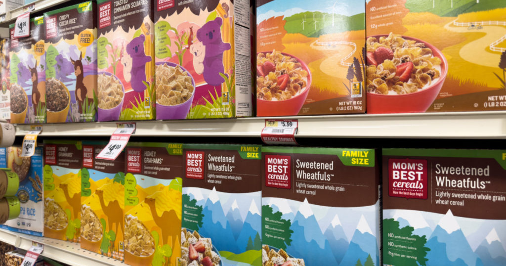 Los Angeles, California, United States - 02-01-2023: A view of several shelves dedicated to Mom's Best Cereals food products, on display at a local grocery store.
