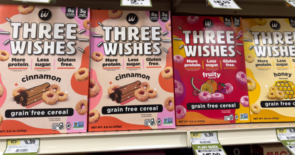 Los Angeles, California, United States - 02-01-2023: A view of several boxes of Three Wishes cereal, on display at a local grocery store.