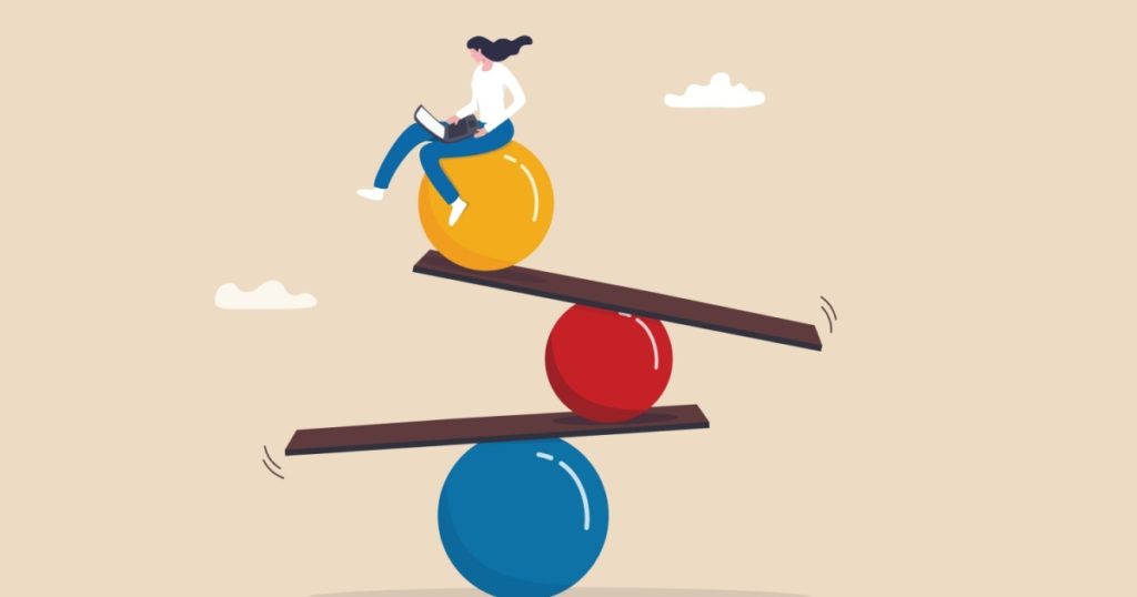 Work life balance, equality or weight between working for money and life happiness, health, success and healthy lifestyle concept, woman working with computer laptop while balance on equilibrium.