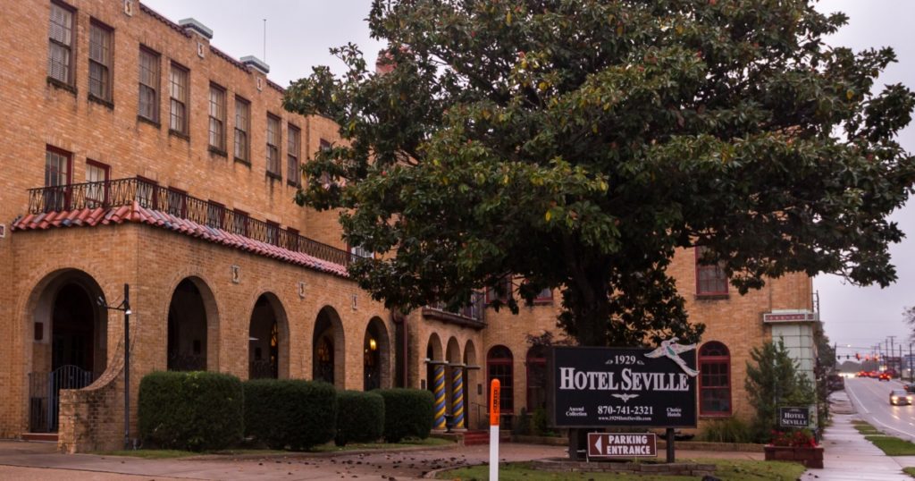 Harrison, Arkansas, USA - October 28th, 2021: Historical Hotel Seville in downtown
