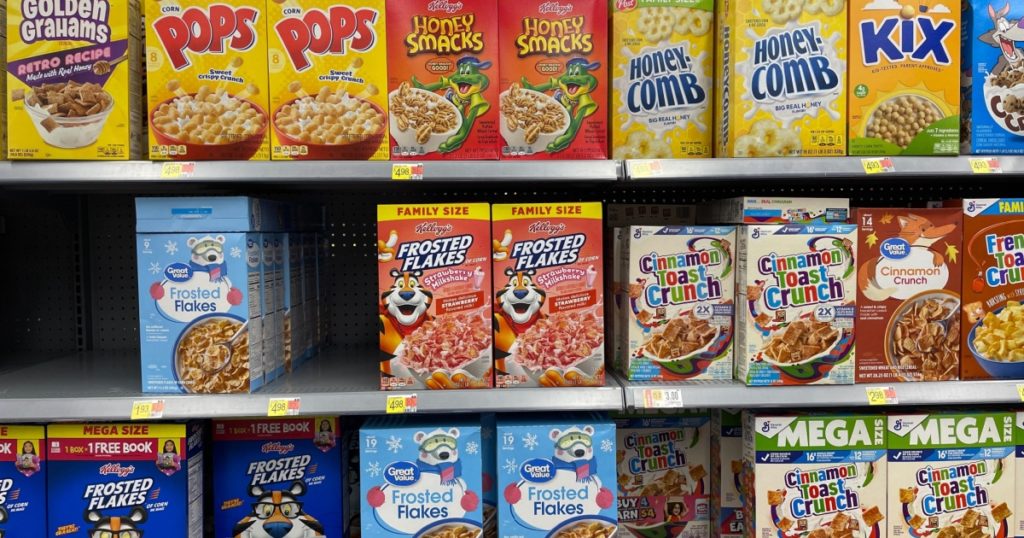 Grovetown, Ga USA - 08 06 23: Walmart grocery store PoPs Frosted flakes and no name cereals