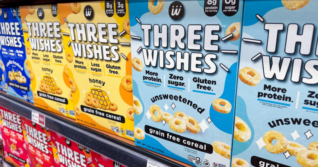 Los Angeles, California, United States - 09-30-2023: A view of several boxes of Three Wishes cereal, on display at a local grocery store.