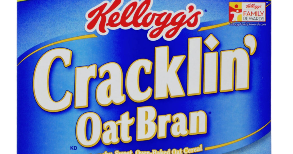 WEST PALM BEACH, FLORIDA - March 1, 2015: Blue box of Kellogg's Cracklin' OatBran breakfast cereal with photo of serving suggestion on the front. Kellogg's logo is red, the rest of the label is white