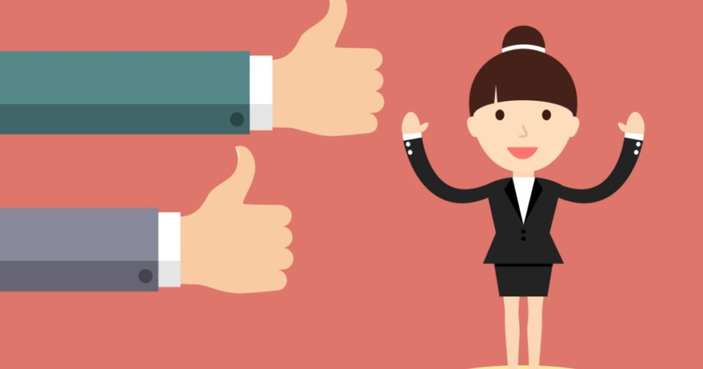 Businesswoman standing on a pile of coins. The symbol of high profits and a successful business. Vector illustration.