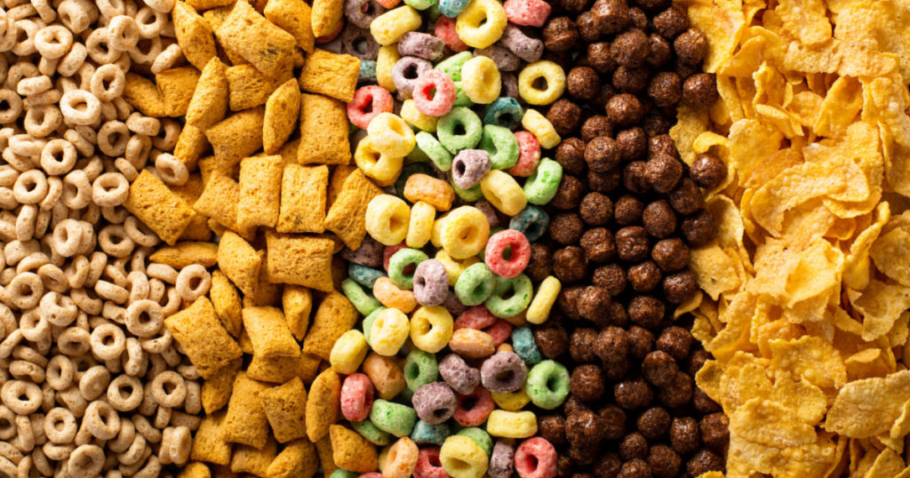 Variety of cold cereals, quick breakfast for kids overhead shot