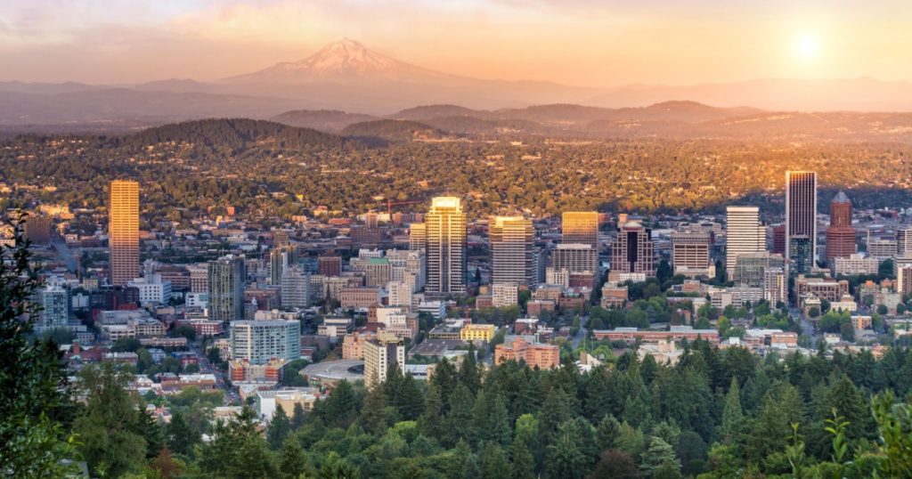 Downtown Portland, Oregon at sunset from Pittock Mansion.