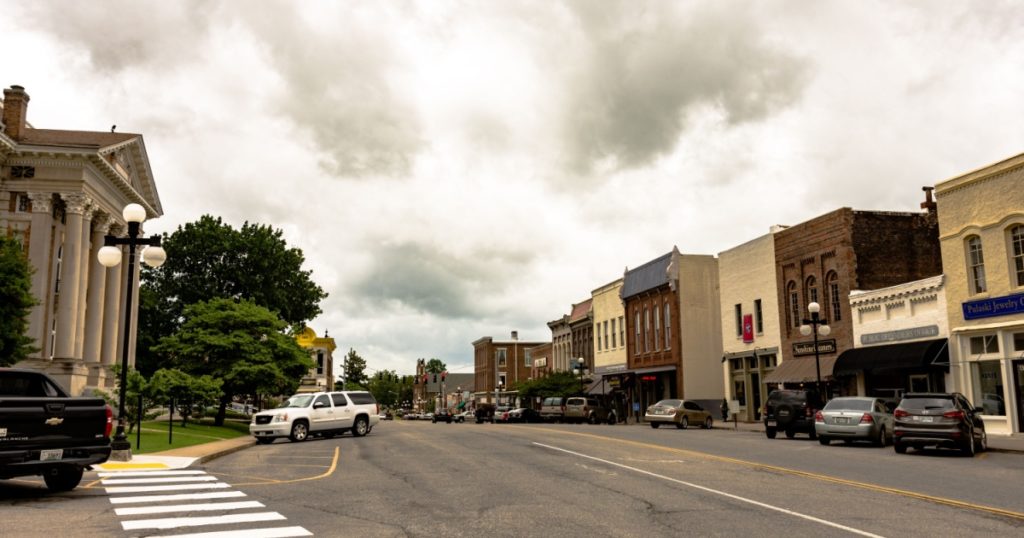 Pulaski, Tennessee, USA - June 23, 2017: Historic downtown Pulaski, Tennessee a typical Appalachian small town.