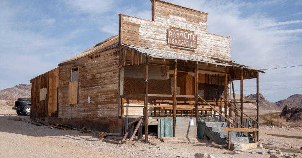 Rhyolite Mercantile, Abandoned shop in Ghost town Rhyolite, Nevada, USA