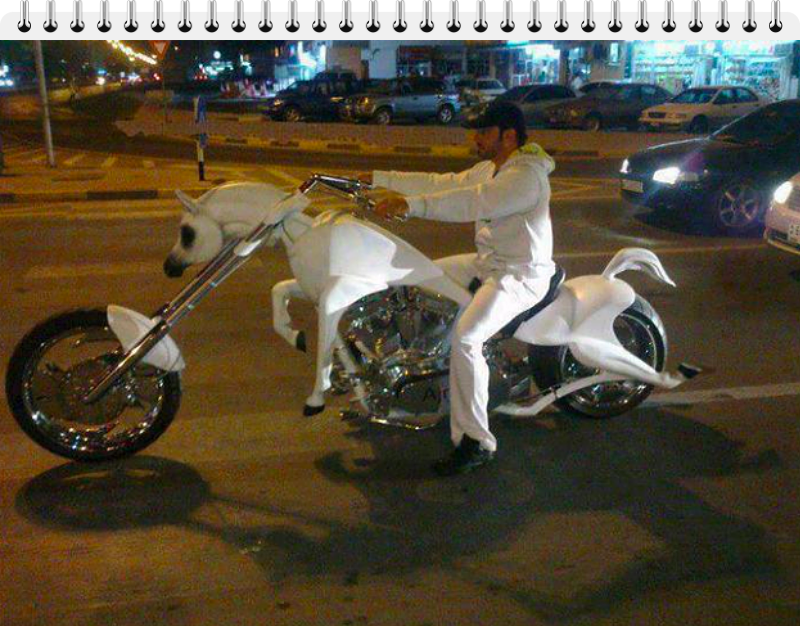 horse-themed white motorcycle