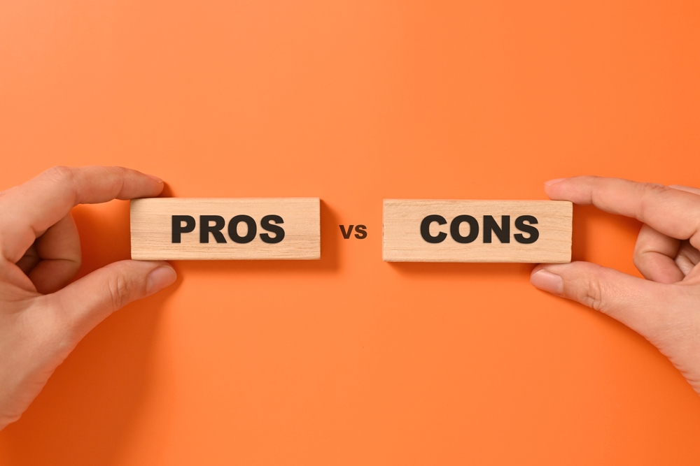 Pros and cons text on wooden blocks, Advantages and disadvantages for business management, Personal perspective, Concept of positive or negative decision making or choice of approval or rejection