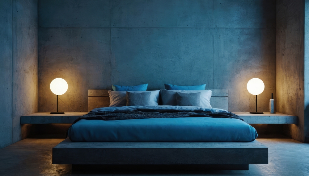 Modern bedroom interior with dark blue walls with a master bed standing with two nightstands lamps .