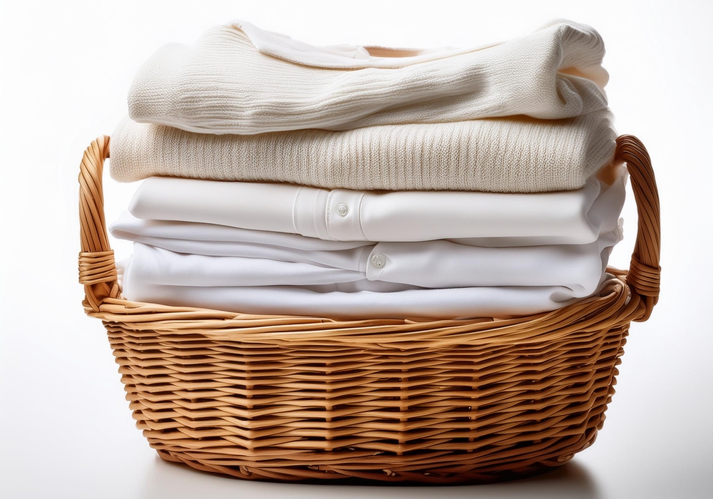 Wicker basket with a stack of white clothes on a white background. Clean, folded, stacked clothes in a wicker basket isolated.