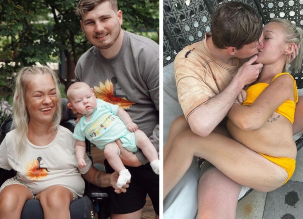 Disabled woman showcases her new baby and loving partner. 
