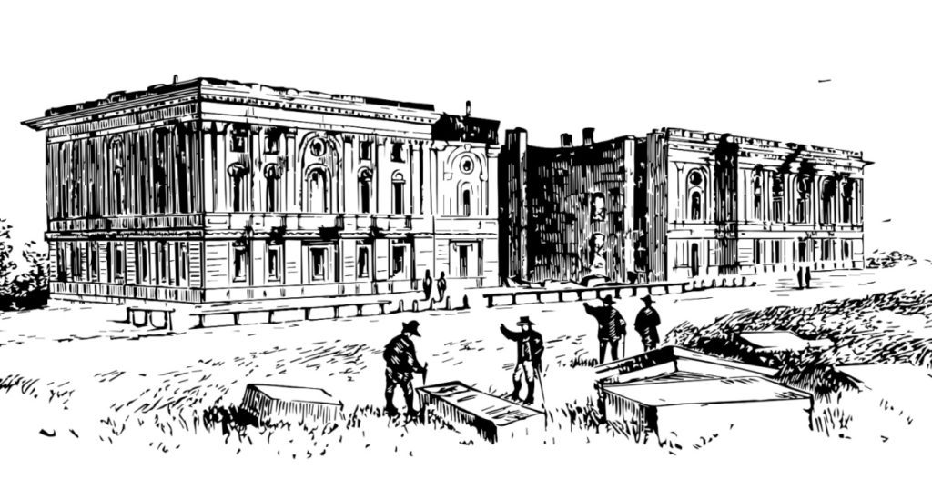 Remains of Capitol clock tower, old state capitol building, olympia vintage line drawing.